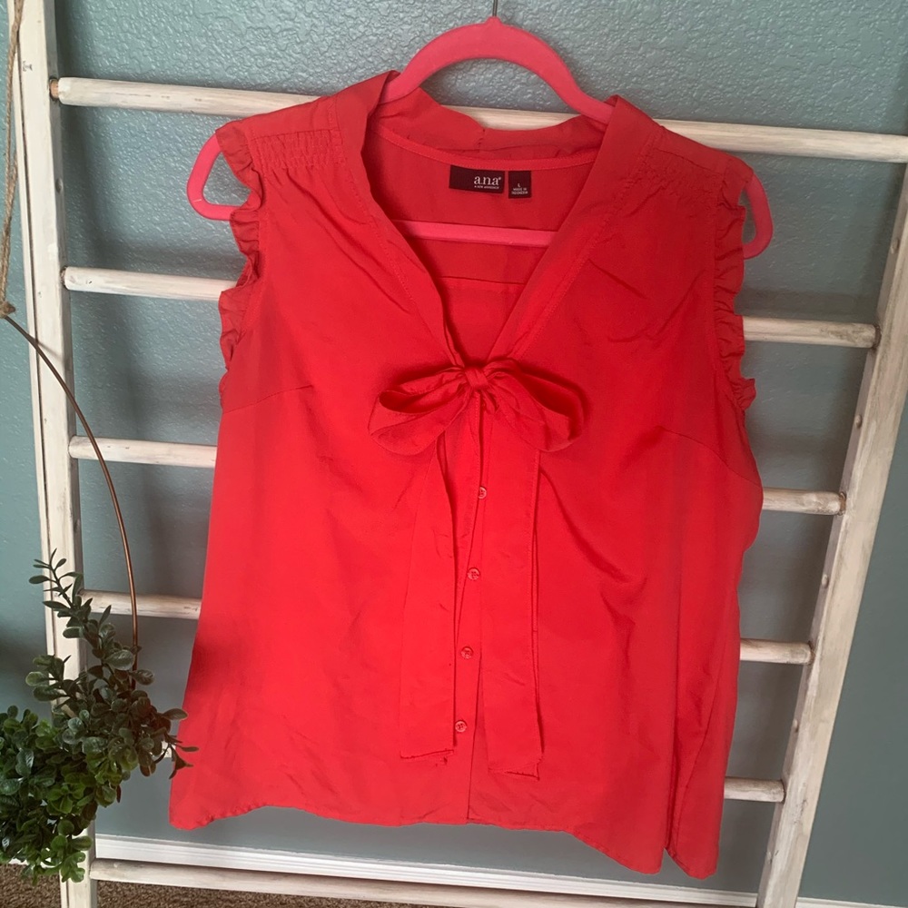 Red button down blouse with front neck tie